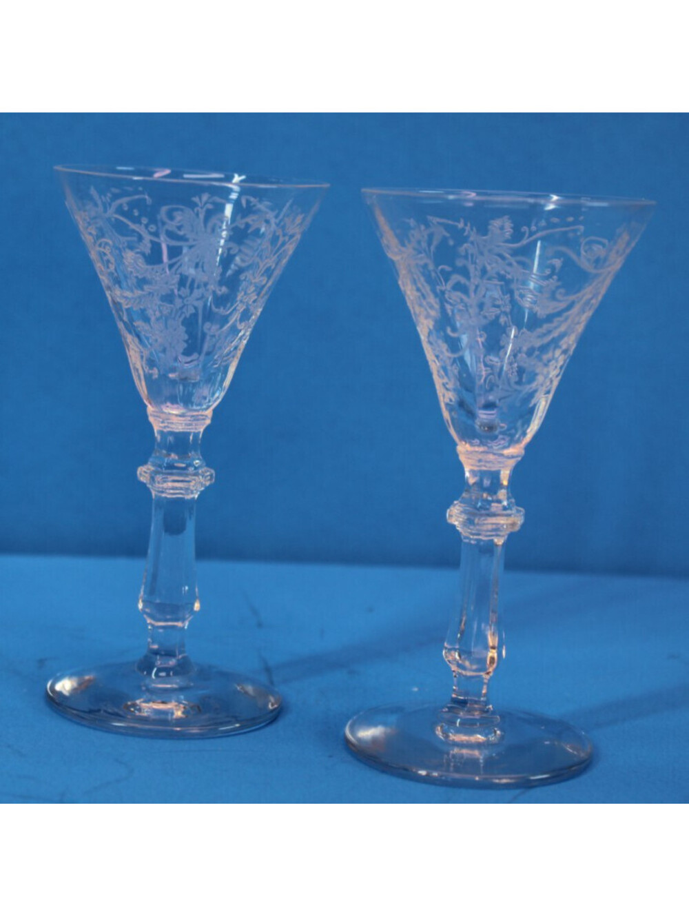 Vtg Fostoria Chintz #338 Floral Etched Footed Cordial Sm 1 oz. 4" Glass x2 Mint